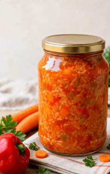 Tocană de legume cu orez la borcan pentru iarnă
